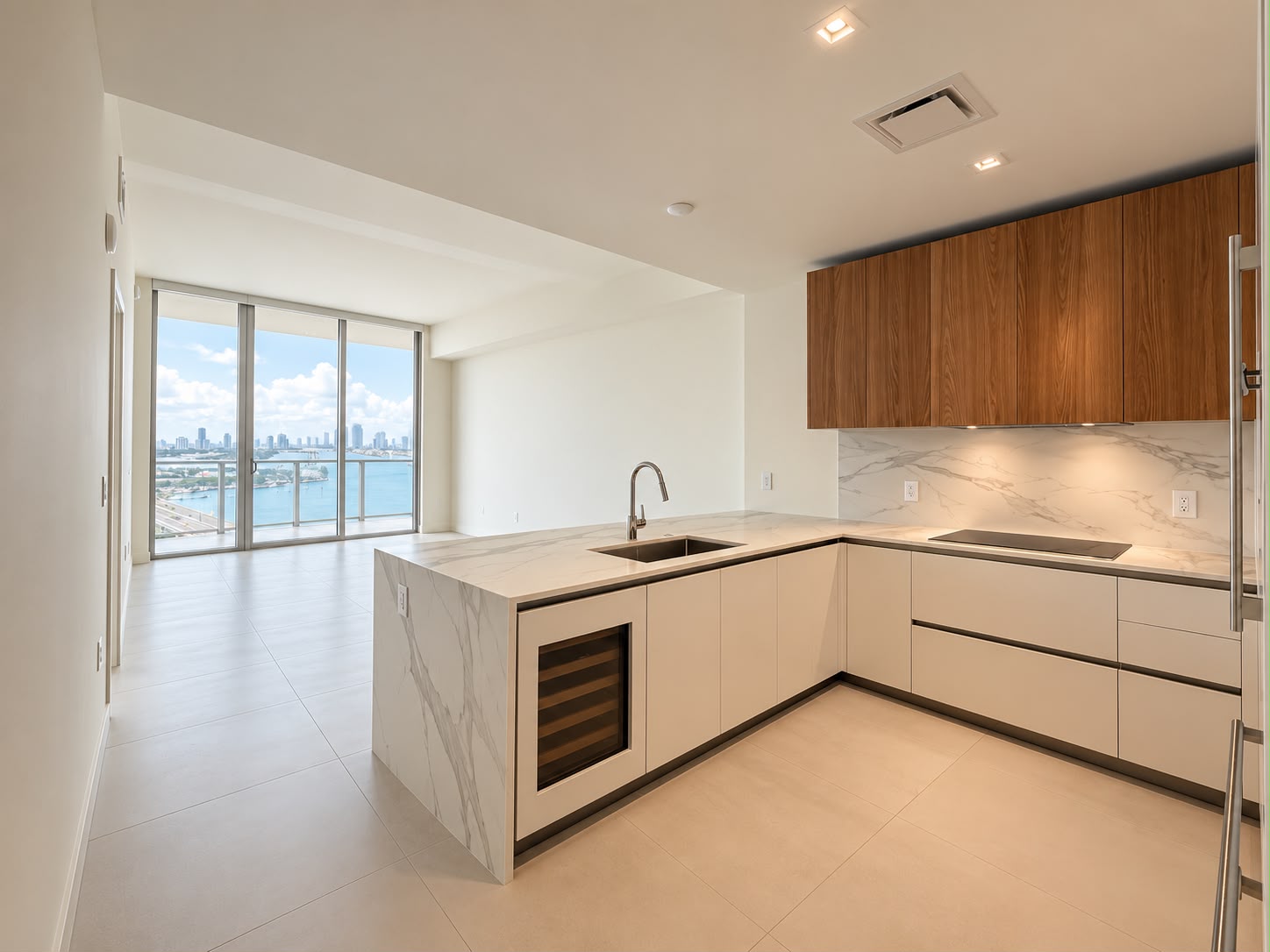 Kitchen with bay view beyond the counter