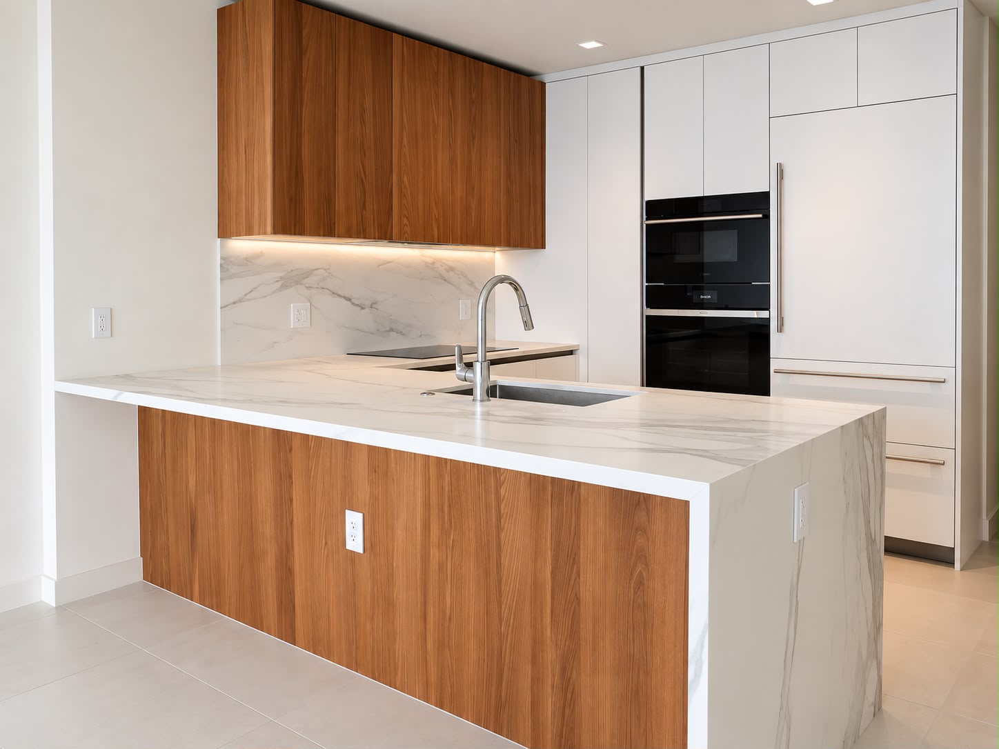 Waterfall kitchen island in walnut and stone