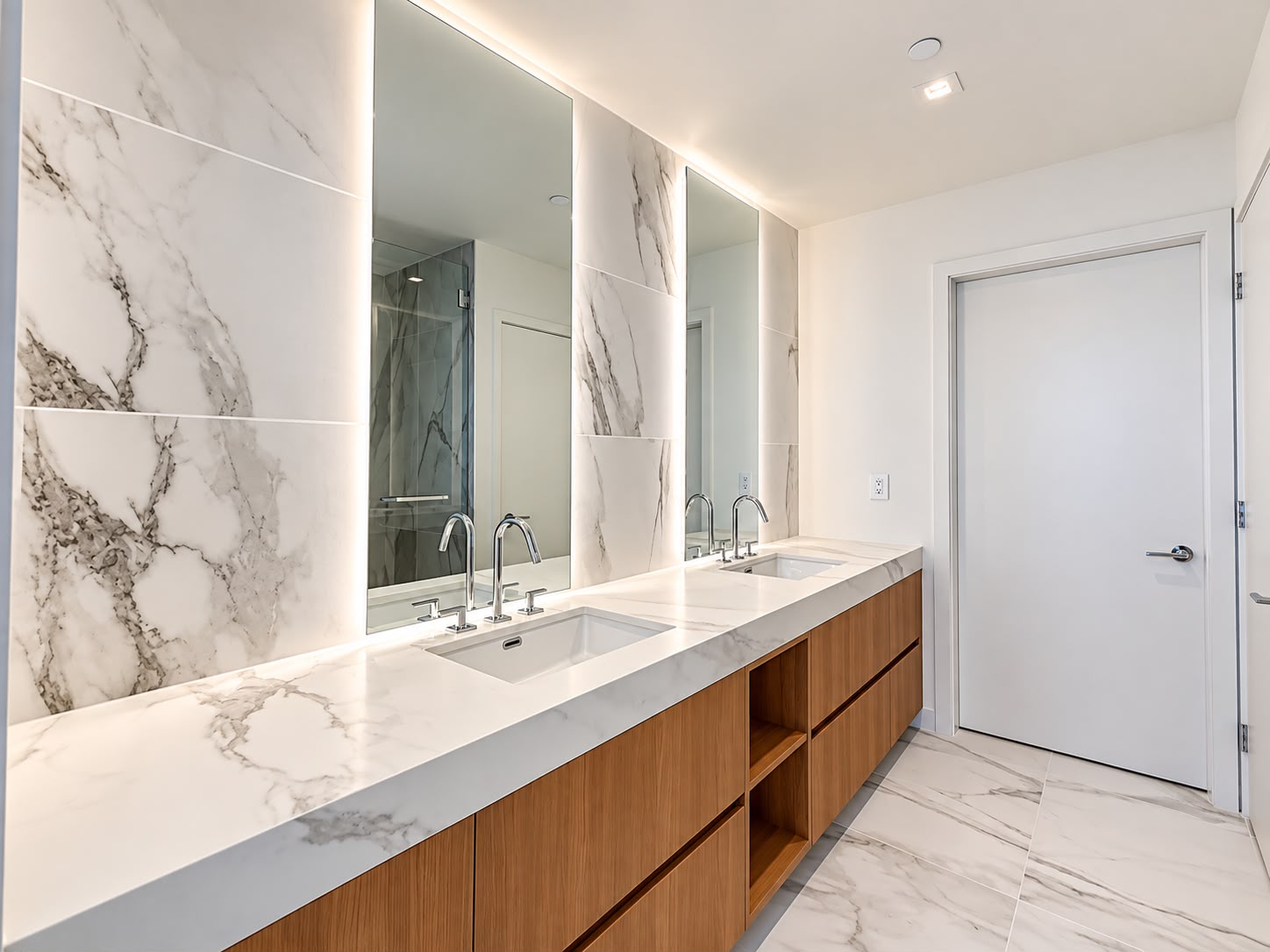 Backlit mirror and stone vanity detail