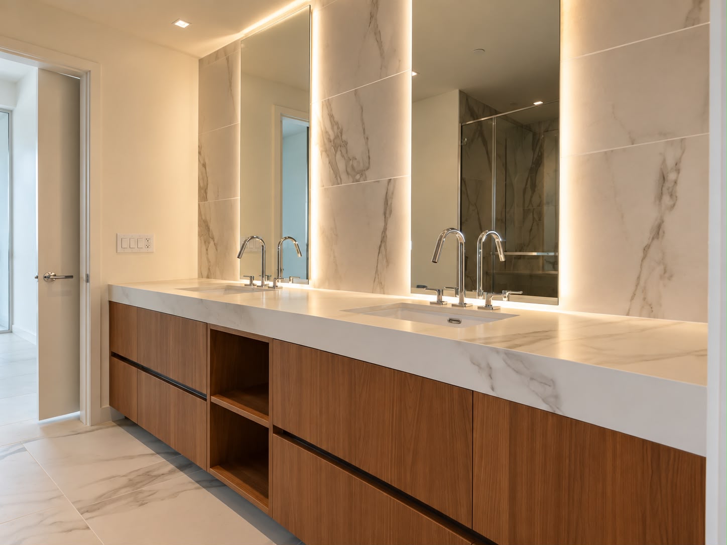 Double vanity with backlit mirrors