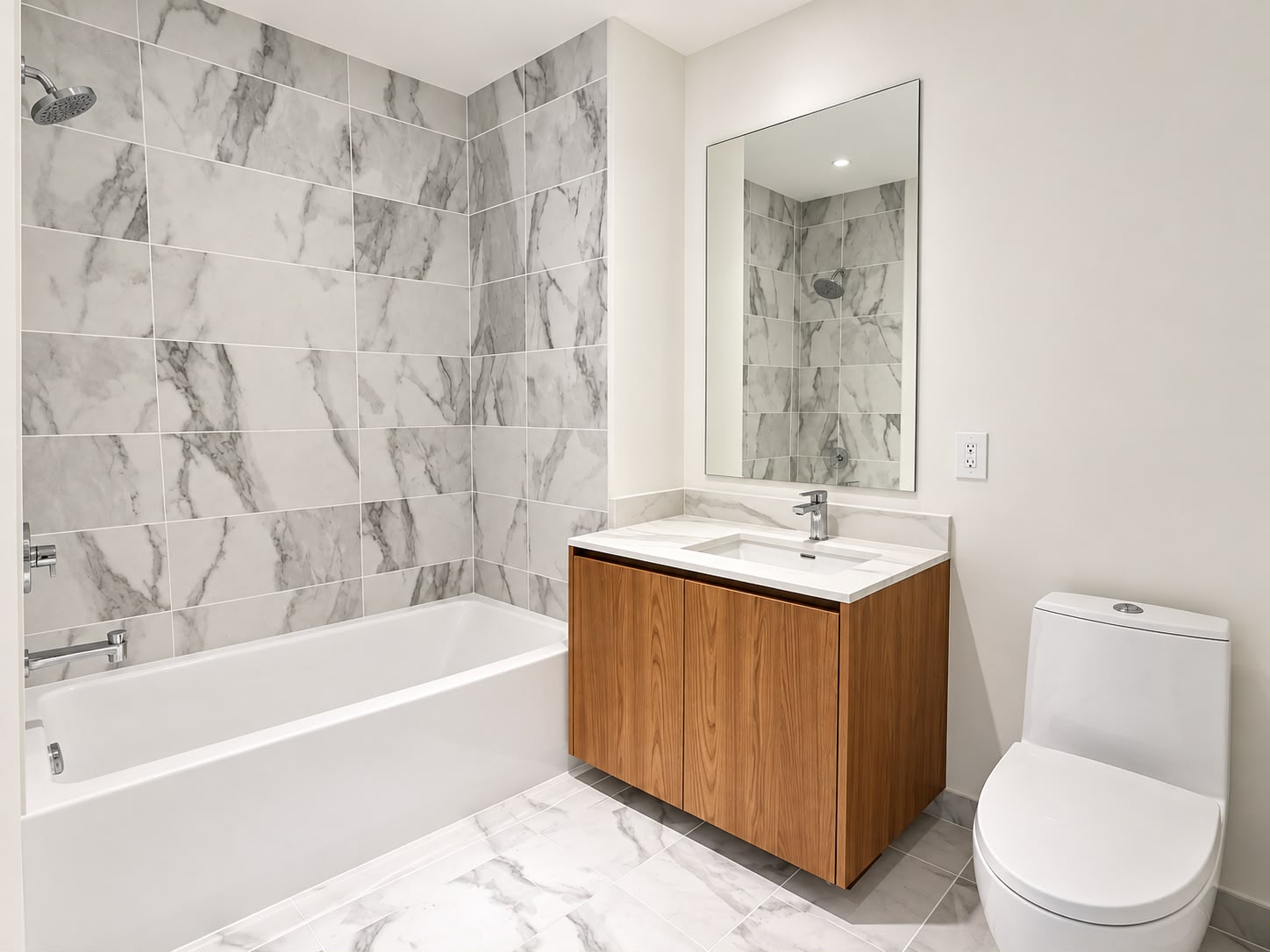 Second full bath with tub and walnut vanity