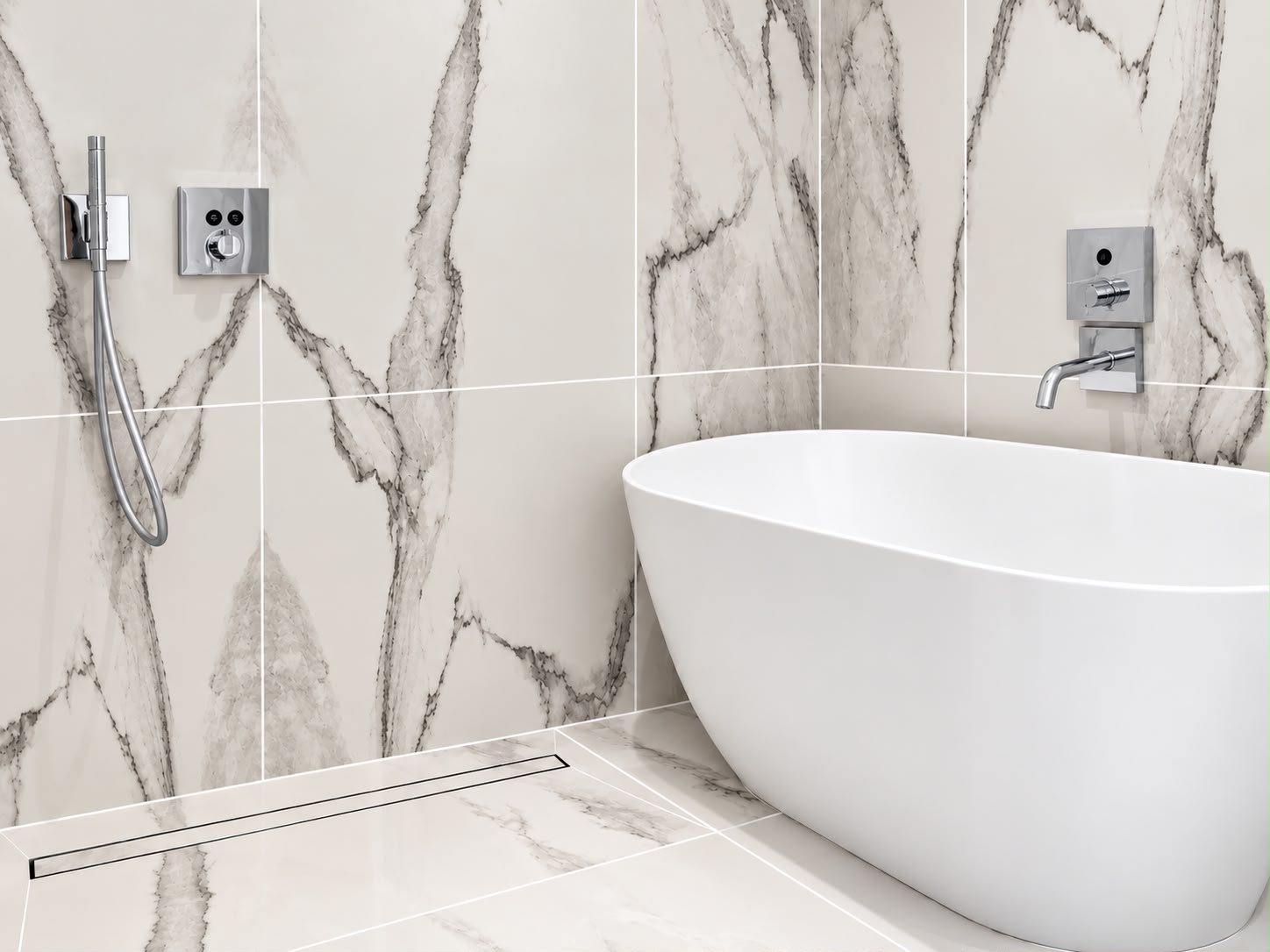 Freestanding soaking tub against marble walls