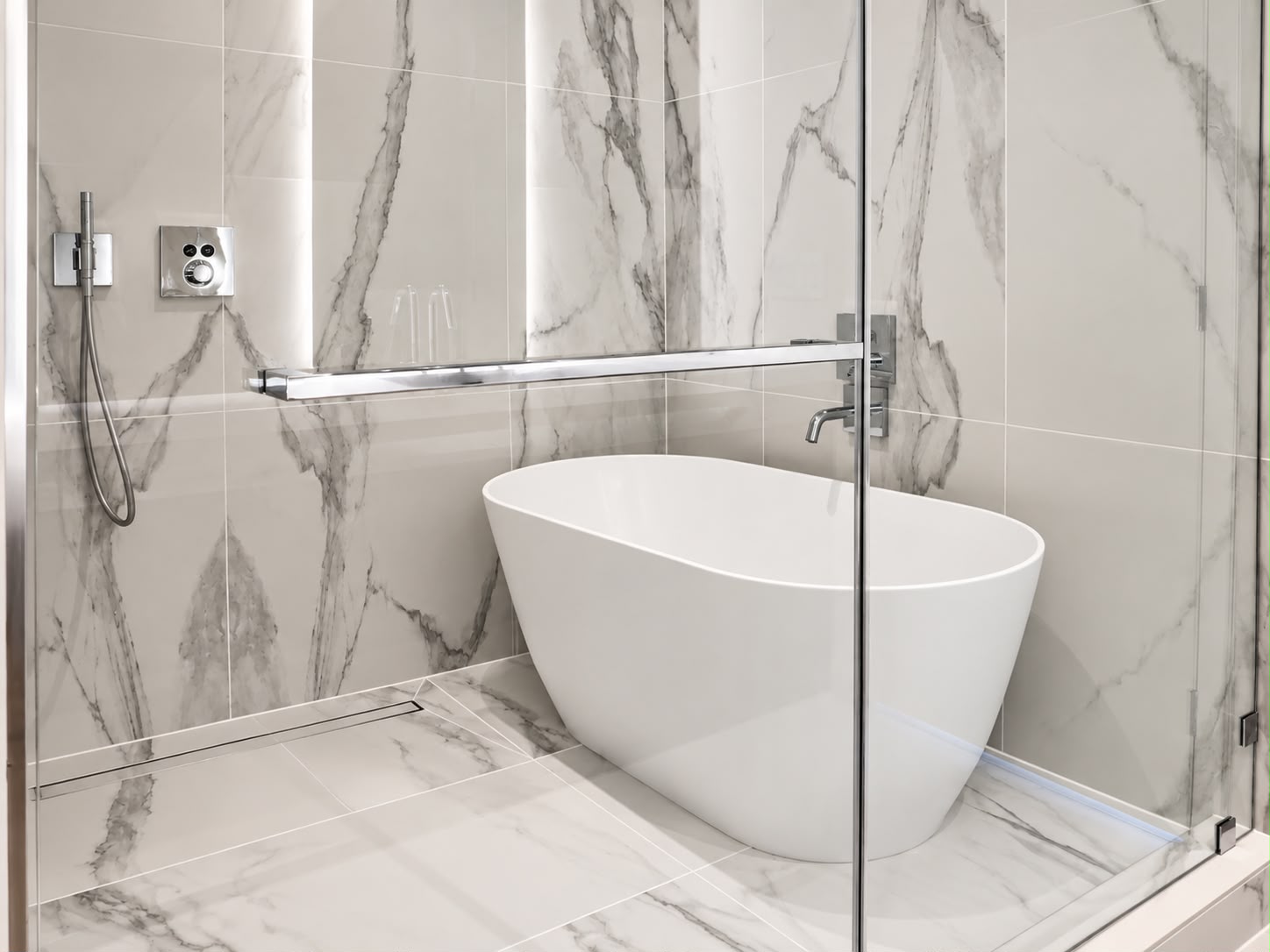 Freestanding tub with glass shower beyond