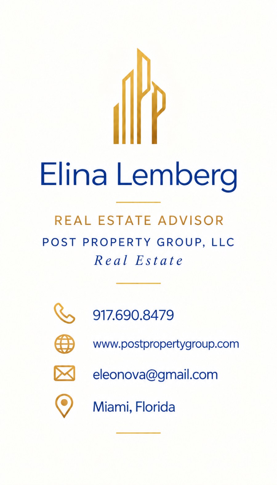 Elina Lemberg, Real Estate Advisor, Post Property Group LLC — 917.690.8479, eleonova@gmail.com, Miami, Florida
