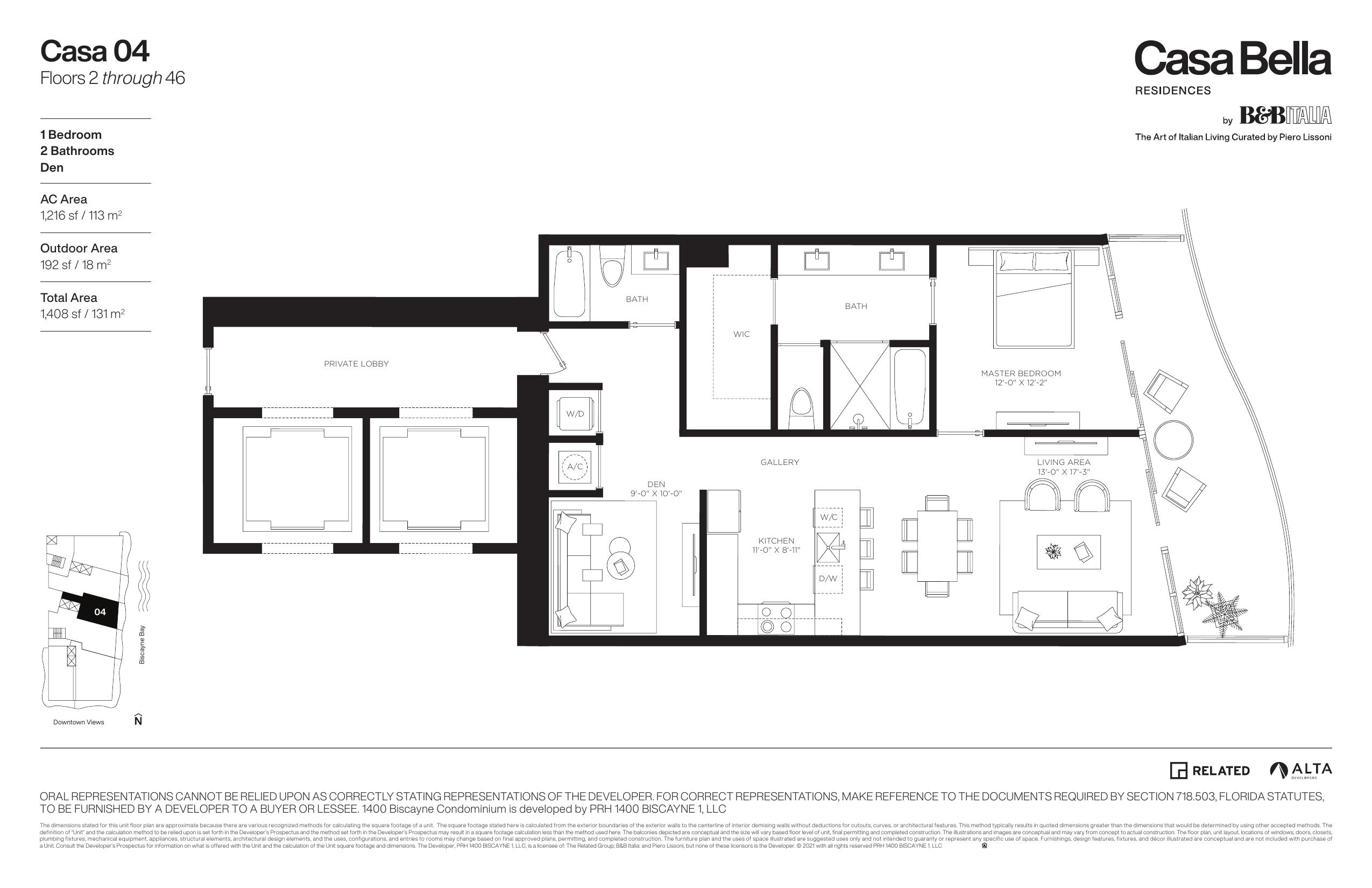 Casa 04 floor plan — 1 bedroom, den, 2 baths, 1,408 total SF at Casa Bella Residences