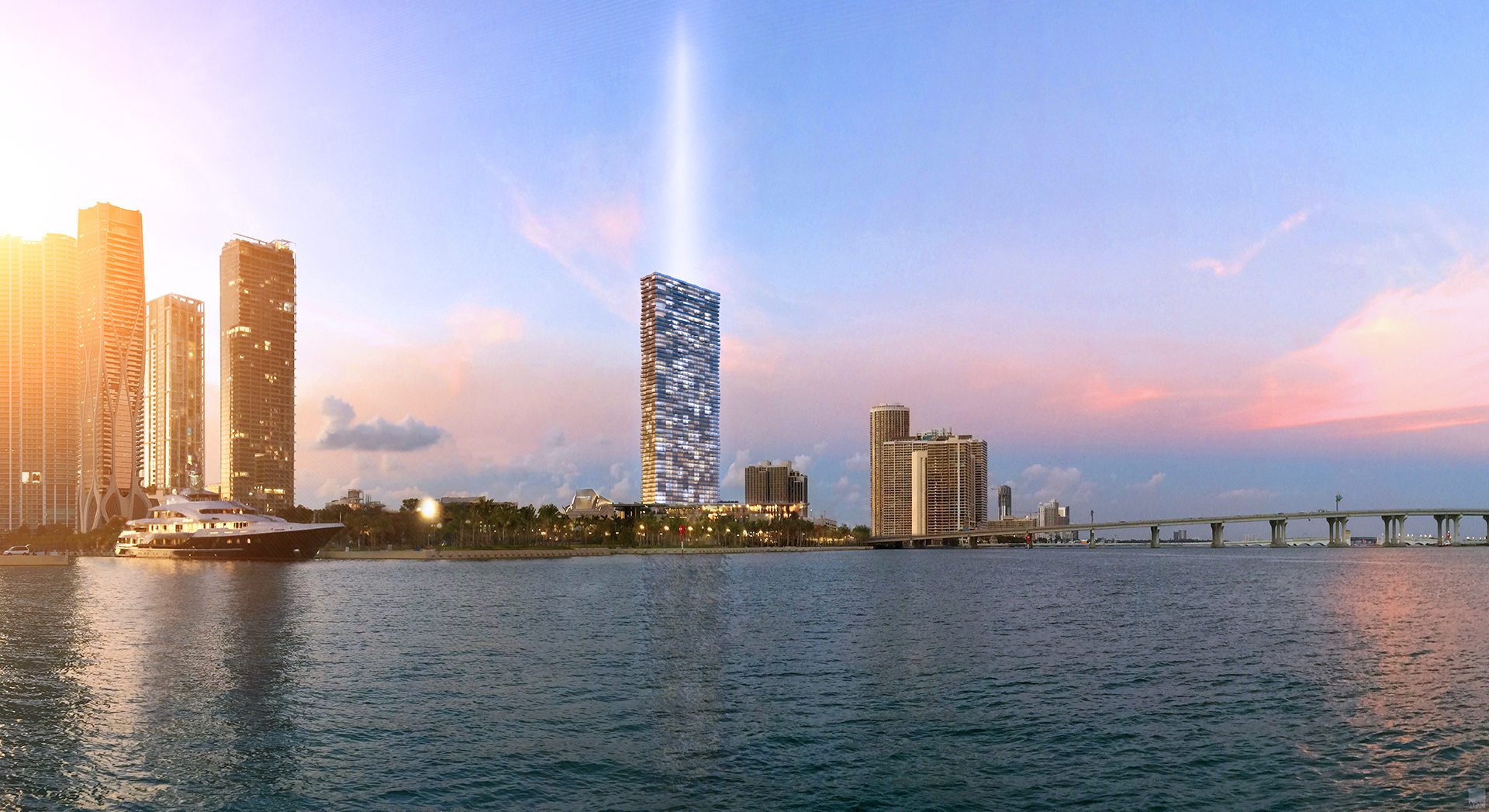 Casa Bella Residences tower on the Biscayne Bay skyline