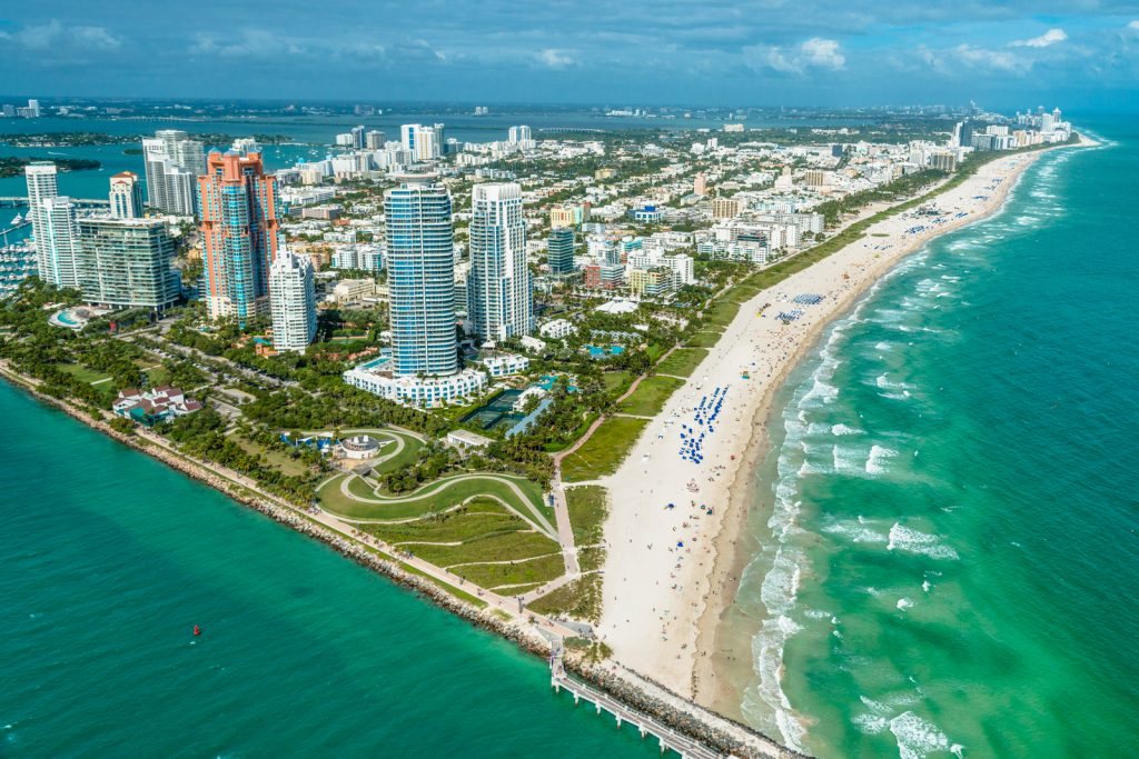 Aerial view of South Beach, the sand and the Atlantic
